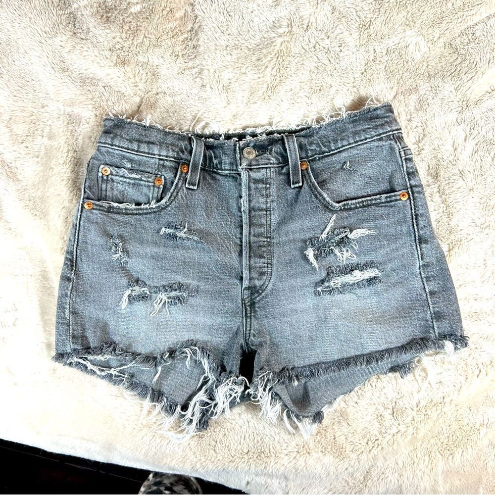 Levi’s 501 Black Gray Wash Medium to Heavy Distressed Cut Off Shorts